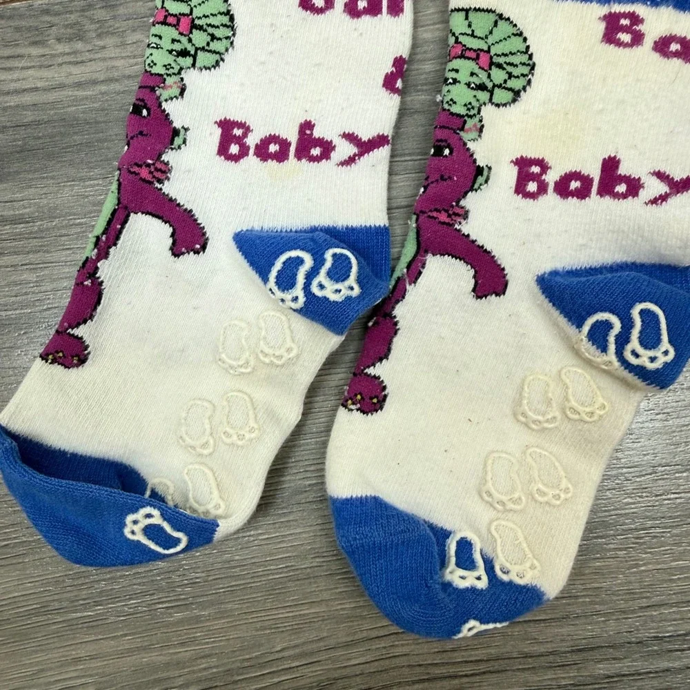 Vintage 1990s Barney & Friends Baby Bop Blue White Gripper Socks • Kids